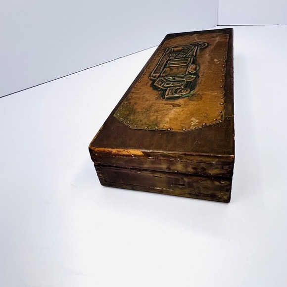 Vintage Handmade Wooden Pencil Box With Copper Bas-Relief Design Truck Transport - Picture 12 of 13